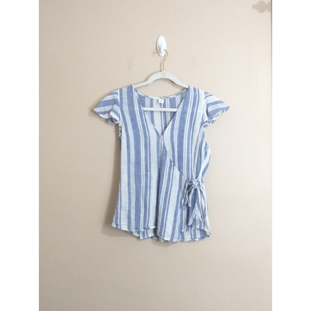Old Navy Womens Linen Blend Wrap Top Size XS Blue White Striped Coastal Nautical